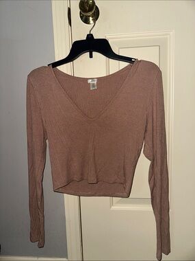 Bozzolo Mauve Ribbed V-Neck Long Sleeve Crop Top